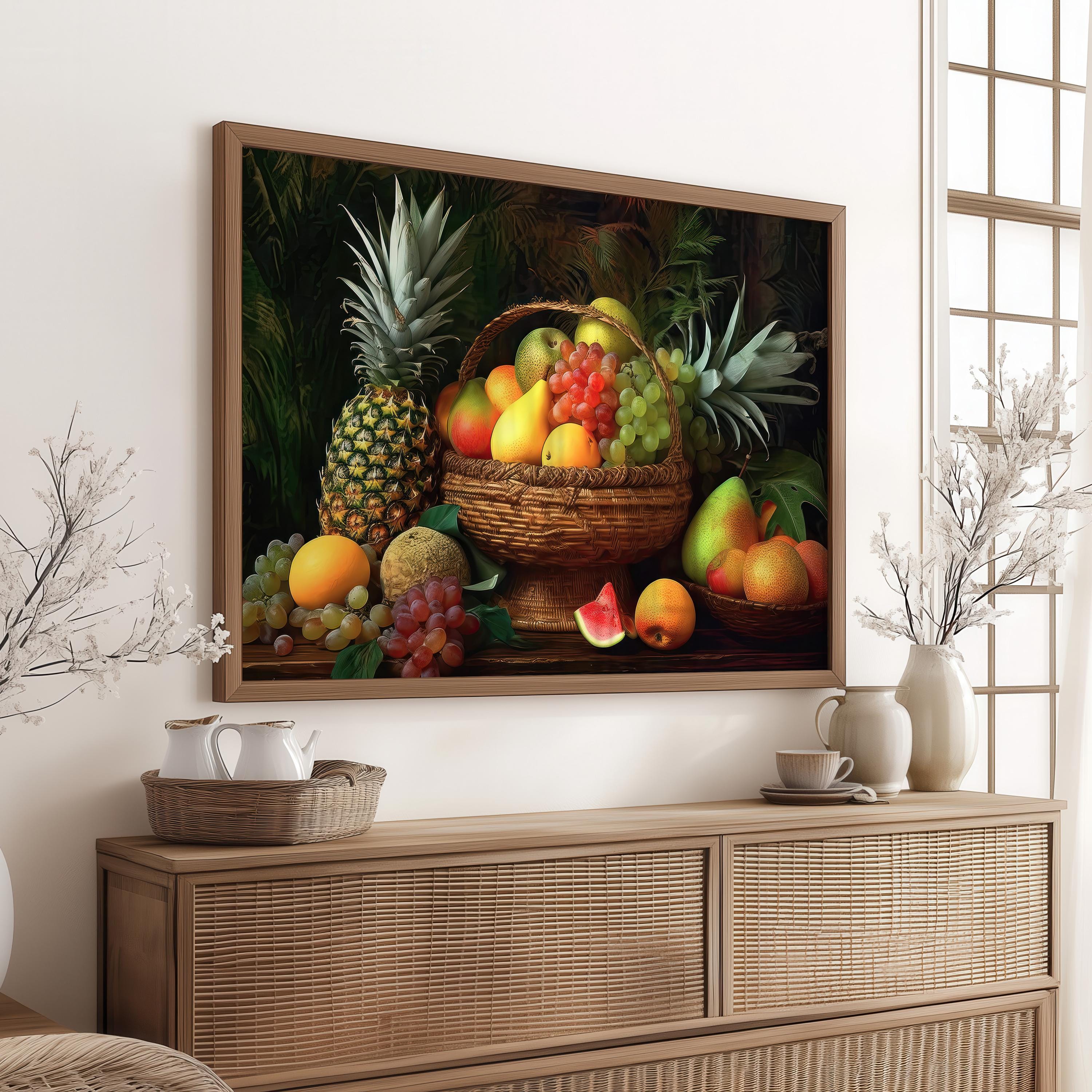 Ensemble Mural Ancien Espagnol : 6 Carreaux Peints à La Main Dans Cadre Bois épais, Motif Bol à Fruits, Vintage