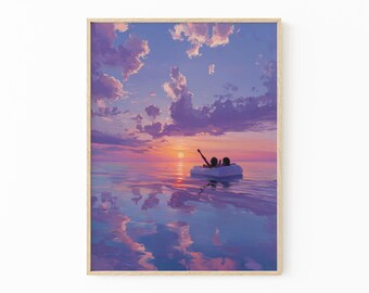 Finding Meaning Oil Painting Print, Girls relaxing, Sunset Abstract Swimming Painting, Ocean Minimalist Wall Decor | GIR1