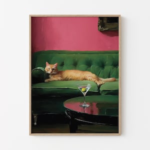 Cat with Martini Oil Painting Print | Cute Quirky Whimsical | Cocktail Art Bar Decor | Fine Art Print Gift | Trendy Wall Art | BCA3
