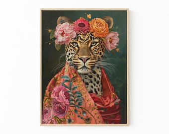 Maximalist Eclectic Fashionista Leopard Painting Print | Bold Animal Portrait, Animal portrait | Fun Flowery Vintage Floral Art | MEF4