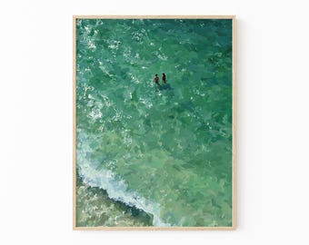 Green Abstract Oil Painting Print | Two People Swimming Painting | Turquoise Painting | Green wall art | Green Minimalist Art | GBO4