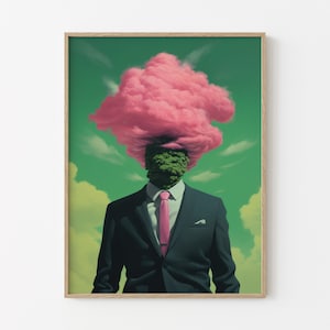 Head In The Clouds (Retro Surreal Art, Surreal Cloud Art, Pink and Green Artwork, Surreal Wall Print, Trippy Wall Art) HI2
