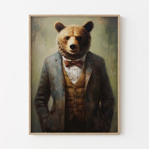 Stampa a olio murale raffigurante un orso grizzly // Ritratto d'epoca di un gentiluomo vittoriano con un orso bruno in abito // Regalo per la decorazione della casa con animali // GBW1