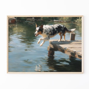 Happy Dog Jumping Off Dock Oil Painting Print | Happy Summertime Dog Art | Coastal Decor | Boat House Art | Gift for Dog Lovers | HDO4