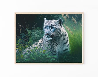 Snow Leopard in grasslands Oil Painting, Winter Snow Leopard Artwork, Wildlife Animal Art Matte Print, for Home Office Wall Decor