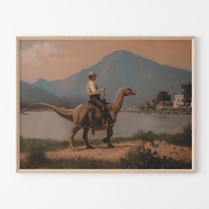 Stampa a olio vintage raffigurante un cowboy con dinosauro / Stampa di un dinosauro giurassico occidentale / Regalo per lui, stampa divertente / VDC13