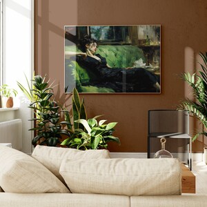 Jovem mulher decadente após a dança, natureza morta, arte de parede vintage, arte verde-esmeralda, decoração de parede sombria, impressão de pintura a óleo DY01 imagem 4