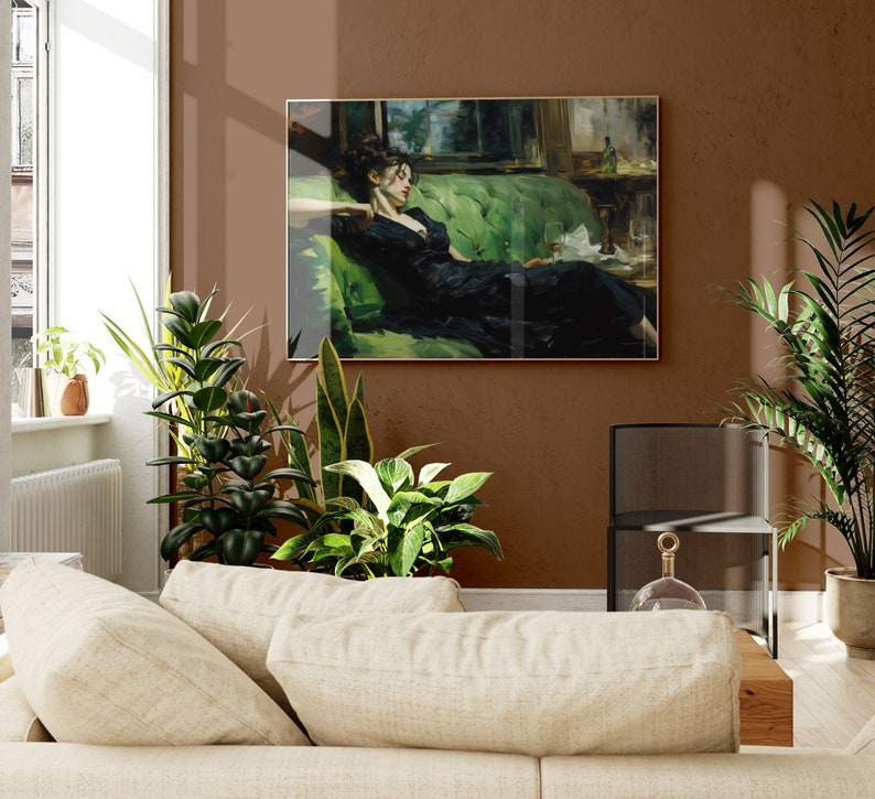Jovem mulher decadente após a dança, natureza morta, arte de parede vintage, arte verde-esmeralda, decoração de parede sombria, impressão de pintura a óleo DY01 imagem 4