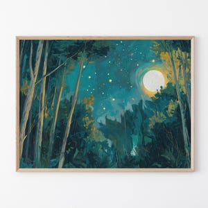 Moon & Stars Oil Painting Print | Vintage Dark Forest | Landscape Nature Decor | Celestial Night Sky Print | Farmhouse Print | MSO4
