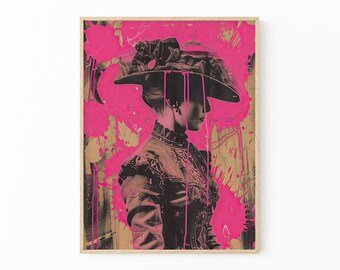 Impresión de pintura rosa con retrato de mujer victoriana / Retrato victoriano peculiar / Baño ecléctico y peculiar / Impresión artística alternativa y divertida / PPF3