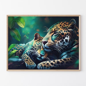 Adorable Close-up Jaguar with Cub Artwork, Gift For Jaguar Lovers, Rainforest Wall Art Print , Rainforest Decor, Emerald Green Wall Art