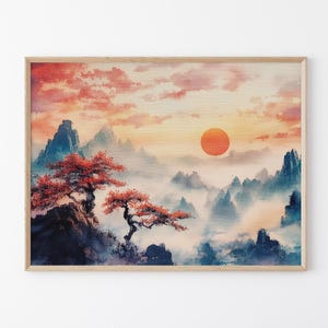 Japanese Maple Tree at Sunset Oil Painting Canvas Print | Vintage Japanese Inspired Print Canvas Art | Retro Japanese Art | TMJ2