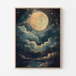 Vintage Enchanting Celestial Moon Art Oil Painting | Dark Academia & Dark Cottagecore | Night Sky Painting | Moon Art Print | VEC1