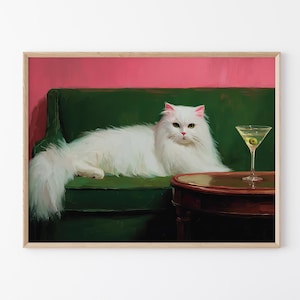Cat with Martini Oil Painting Print | Cute Quirky Whimsical | Cocktail Art Bar Decor | Fine Art Print Gift | Trendy Wall Art | BCA7