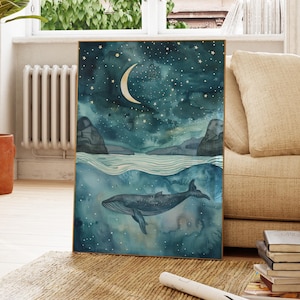 a painting of a whale swimming in the ocean under a starry night sky, with a crescent moon and stars above.