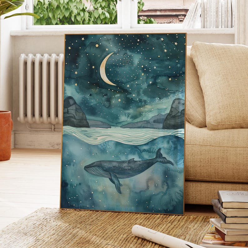 a painting of a whale swimming in the ocean under a starry night sky, with a crescent moon and stars above.