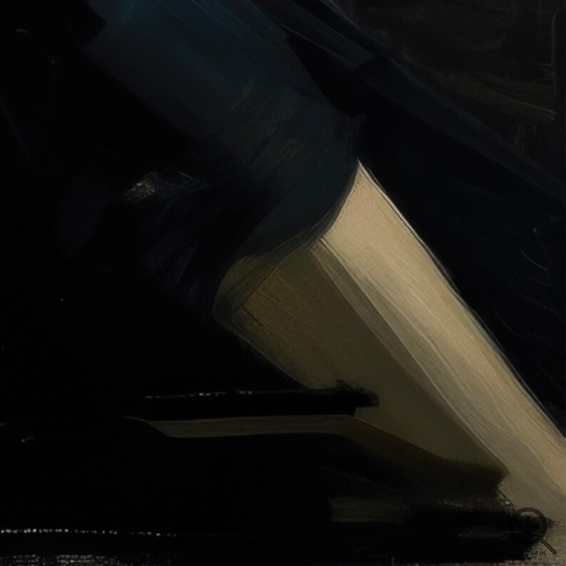 The image is a dark, abstract painting with a mix of black, white, and yellow colors. The painting features a large, curved shape that dominates the composition, with a smaller, straight shape on the right side. The overall style appears to be impressionistic, with a focus on capturing the fleeting effects of light and color.
