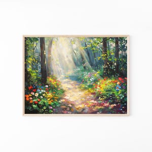 Path through the Springtime Woodland Oil Painting Art Print | Enchanting Scenery, Cottagecore Beautiful Sunshine Countryside Art |  PTT1
