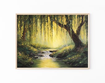Willow Tree Fairies Oil Painting Print | Cottagecore Decor | Dark Academia Art | Enchanted Nature Wall Art | Rustic Aesthetic | TOP3