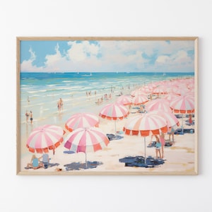 Stampa di pittura astratta costiera / Oceano rosa / Decorazione per appartamento femminile / Arte murale rosa / Dipinto di ombrello massimalista da spiaggia femminile / PO1