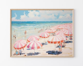 Pink Ocean | Abstract Coastal Painting Print | Girly Apartment Decor | Pink Wall Art | Girly Beach Maximalist Umbrella Painting | PO1