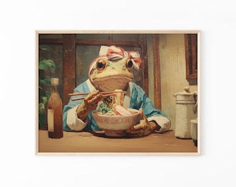 Impressão de pintura a óleo de um sapo comendo ramen | Arte de parede com macarrão ramen | Decoração de cozinha original | Pintura de inspiração japonesa | Arte de parede exclusiva | RFE4
