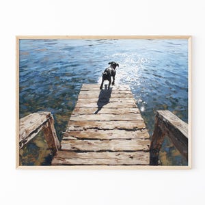 Happy Dog Jumping Off Dock Oil Painting Print | Happy Summertime Dog Art | Coastal Decor | Boat House Art | Gift for Dog Lovers | HDO2