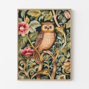 Stampa di gufo ispirata a William Morris, decorazione Art Nouveau, stampa botanica, poster floreale, arredamento per la casa, arte vintage, arte murale stampabile, galleria