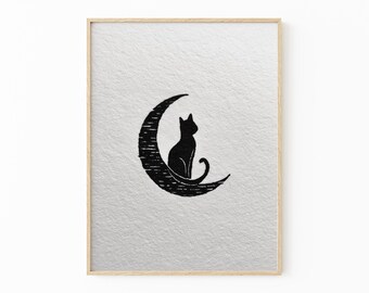 Black Cat Lino Print: Vintage Whimsical Home Wall Art | GTS2