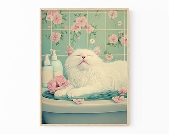 Witte kat in badkuip schilderij print | Japanse muurkunst badkamer | Ontspanningsposter | Japanse kunst aan de muur katten | Neutrale Japandi-print | WIC4