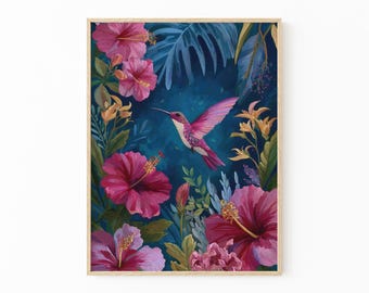 Lebhafter Tropischer Maximalist Vogel-Ölgemälde-Druck | Dunkelblaue Kolibri & Pink Pfau Dschungel Kunst | Exotischer Vogel Druck | VTM8