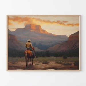 Vintage Landscape Cowboy Oil Painting Print, Western Wall Art, Mid-Century Wall Decor, Rustic Southwest Decor VLCO03