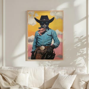 a framed painting of a cowboy figure wearing a blue shirt and a black hat, standing against a colorful sky background.
