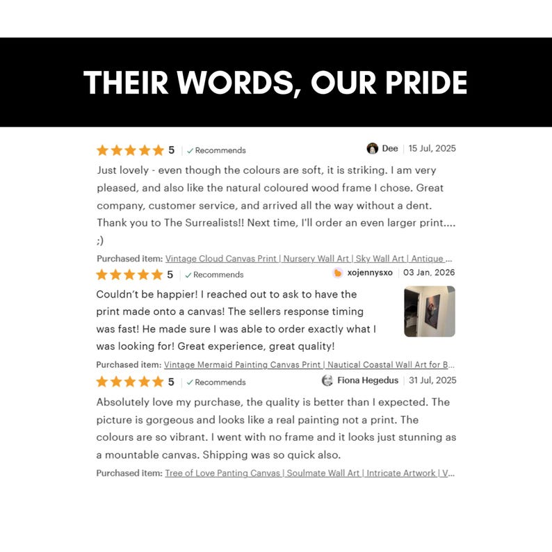 The image is a screenshot of a customer review for a product, specifically a canvas print. The review is written in a positive and enthusiastic tone, expressing satisfaction with the purchase and the quality of the product.