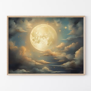 Vintage Enchanting Celestial Moon Art Oil Painting Print | Dark Academia & Dark Cottagecore | Night Sky Painting | Moon Art Print | VEC8