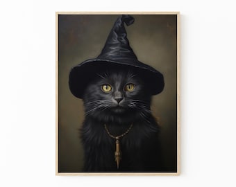 Vintage Black Cat Witch Oil Painting Print, Vintage Poster, Dark Academia, Gothic Victorian, Black Cat Art, Witchy Decor BCTH7