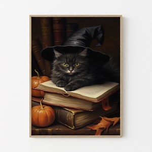 Impressão em óleo vintage de bruxa com gato preto, pôster vintage, academia sombria, gótico vitoriano, arte de gato preto, Halloween BCTH3