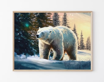 Fluffy Polar Bear Walking in the Forest Oil Painting Artwork, Matte Wall Art Print, Winter Home Decor, Gift for Polar Bear Lovers