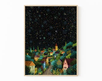 Gustav Klimt Village Night Print | Moon & Stars Fine Art Poster | CEL4
