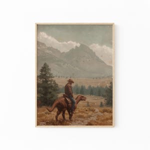 Vintage Dinosaur Cowboy Oil Painting Print | Western Jurassic Dinosaur Print | Gift for Him | Funny Wall Art | VDC2
