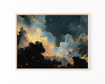 Stampa di pittura a olio celestiale malinconica / Decorazione accademica scura / Stampa di stelle del cielo notturno astratto / Pittura vintage blu oro / DAG5