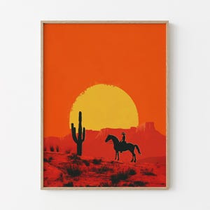Cowgirl Minimalistischer Boho Western Gemälde Druck | Vintage südwestlichen Boho Kunst | Cowboy Wandbild | Terrakotta Sonnenuntergang | Cowgirl Kunst | CAA1