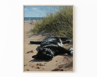 Black Cat Sleeping on Beach Oil Painting Print | Relaxed Black Cat Art | Beach Decor | Still Life Cat Print | Gift for Cat Lovers | BCB6