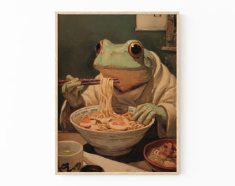 Impressão de pintura a óleo de um sapo comendo ramen | Arte de parede com macarrão ramen | Decoração de cozinha original | Pintura de inspiração japonesa | Arte de parede exclusiva | RFE7