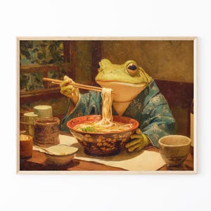Frog Eating Ramen Oil Painting Print | Ramen Noodles Wall Art | Quirky Kitchen Decor | Japanese Inspired Painting | Unique Wall Art | RFE3