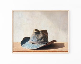Cowboyhoed olieverfschilderij | Klaagmuurkunst | Cowboyhoed kinderkamerprint | Trendy decoratie | Americana retro slaapkamer neutraal kunstwerk | CHO5