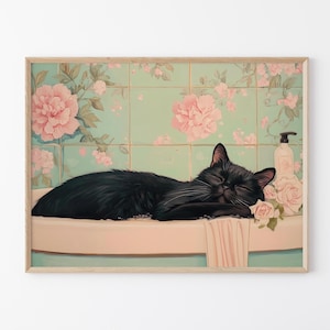 Black cat in a bathtub Painting Print | Japanese Bathroom Wall Art | Relaxation poster | Japan cat wall art | Neutral Japandi Print | BIC5