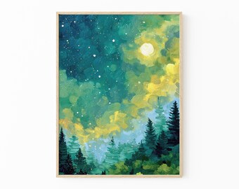 Obraz olejny „Księżyc i gwiazdy” | Ciemny las w stylu vintage | Dekoracja krajobrazowa | Wydruk „Niebiańskie nocne niebo” | MSO7