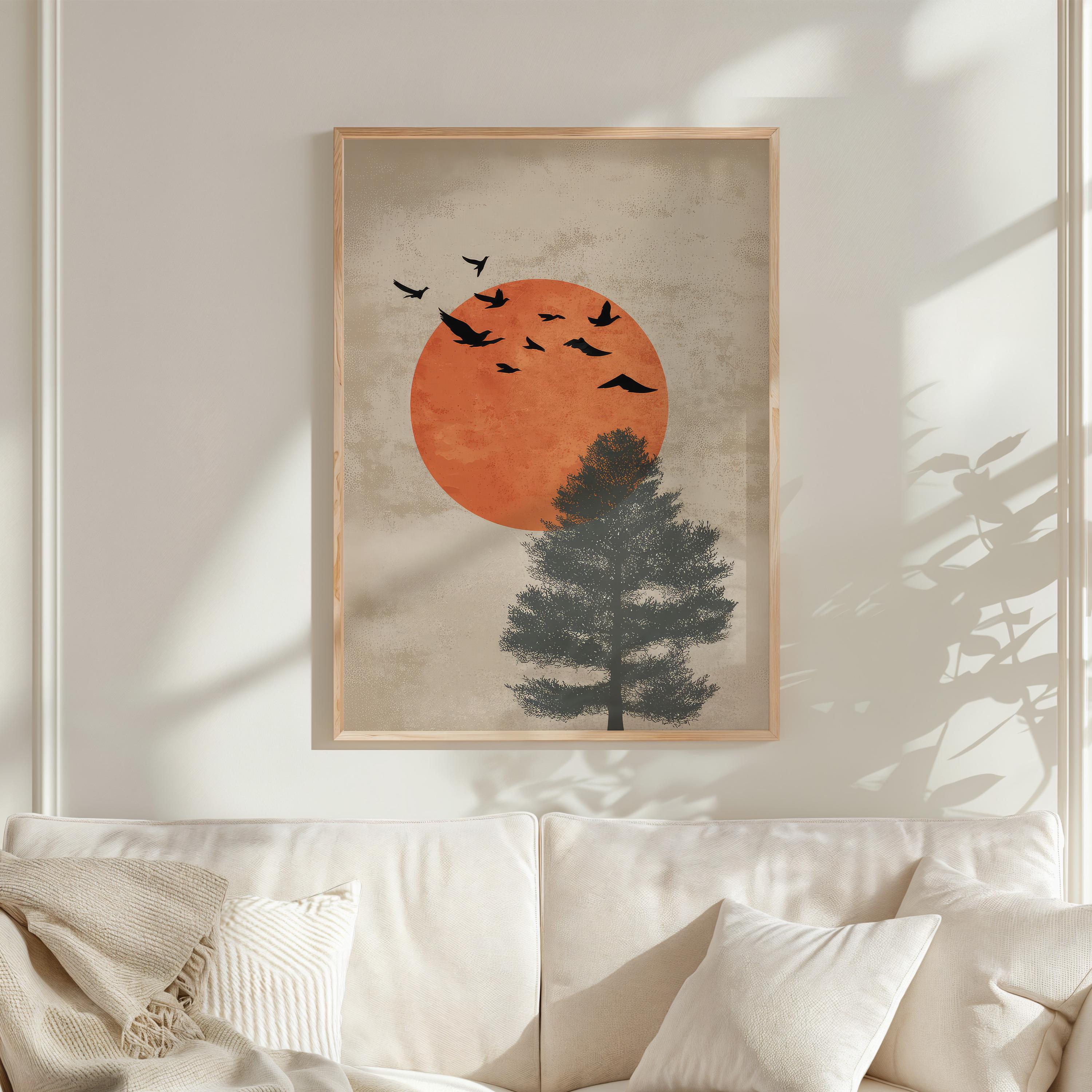 手書き油絵 sun rise 日の出 額付き インテリア 油彩画 日の出 スカンジナビア風油絵プリント | 日の出 ホームデコレーション