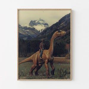 Vintage Dinosaur Cowboy Oil Painting Print | Western Jurassic Dinosaur Print | Gift for Him, Funny Print | VDC6